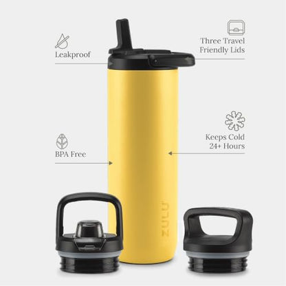 ZULU Base 24oz Stainless Steel Water Bottle with 3 Lids- Straw, Chug, Twist | Double Walled and Vacuum Insulated Metal Thermos | Fits Car Cupholder, Built in Carry Loop, Dishwasher Safe, Vitamin C - color: Vitamin C, style: 24oz