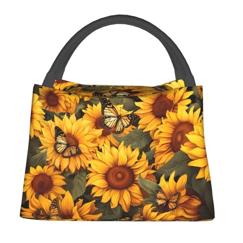 Sunflower Butterfly Insulated Lunch Box for Women Nature Lovers, Bright Floral Garden Tote Lunchbags, Reusable Cooler Lunchbox & Makeup Bag Gifts for Work, School, Picnic, Office - color: Sunflower 01