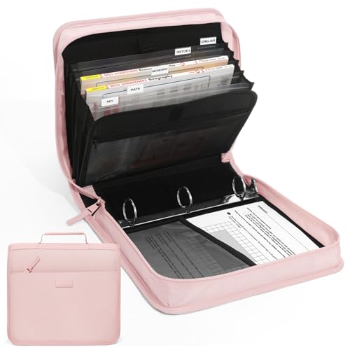 SUNEE Zipper Binder with Handle, 1.5 Inch O-Ring, 325 Pages Capacity, with 5-Tab Expanding File Folder for Classified Storage, Small Size Lightweight Zipper Bag for Middle School Students, Pink Lotus - color: Pink Lotus