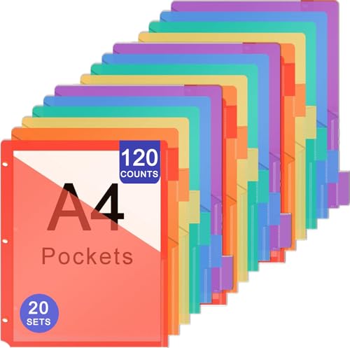 120 Count Plastic Binder Dividers with Pockets, 20 Pack of 6 Tab Multicolor Dividers for 3 Ring Binders, Big Insertable Tabs, Works with Sheet Protectors - color: 20pc Multicolor
