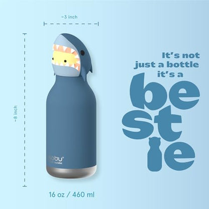 asobu Bestie Bottle Limited Edition Collectible Kids Water Bottle with Animal Character Lid 16oz (460ml) Insulated Stainless Steel, Leakproof, Reusable with Straw Fun Gift for Girls & Boys - color: HURLEY THE SHARK