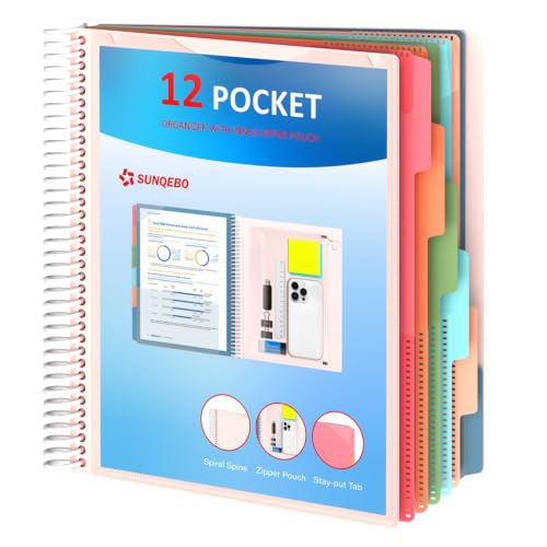 12 Pocket Project Organizer, 6 Colors Multi Pocket Folder Binder with Dividers, Spiral Pocket Notebook with Zipper Pouch, Office Organizer File Folders, Letter Size, School Supplies, White - color: White