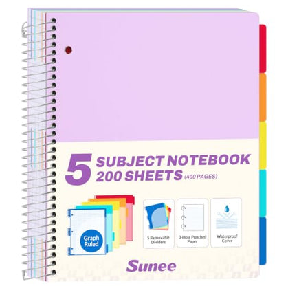 SUNEE 5 Subject Notebook College Ruled - 400 Pages, 9"x11", 5 Pocket Colored Dividers, 3-Hole Punched Paper, Purple - color: Purple, style: College Ruled