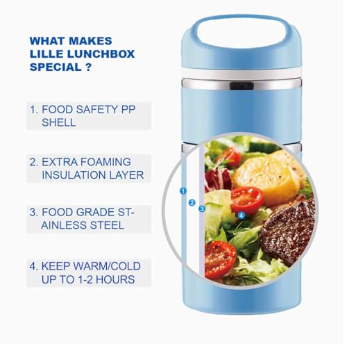 Lille Home Stackable Stainless Steel Thermal Compartment Lunch/Snack Box, 3-Tier Insulated Bento/Food Container with Lunch Bag, Utensils Set and Three Extra Seals, 43OZ (Blue with Utensils) - color: Blue with Utensils