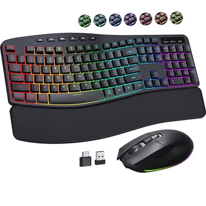 COLIKES Ergonomic Wireless Keyboard and Mouse Silent, Rechargeable Wave Keyboard with 15 Lighting RGB Backlit Effects, Soft Leather Wrist Rest, 3200 DPI Mouse for PC Computer Laptop Windows Mac
