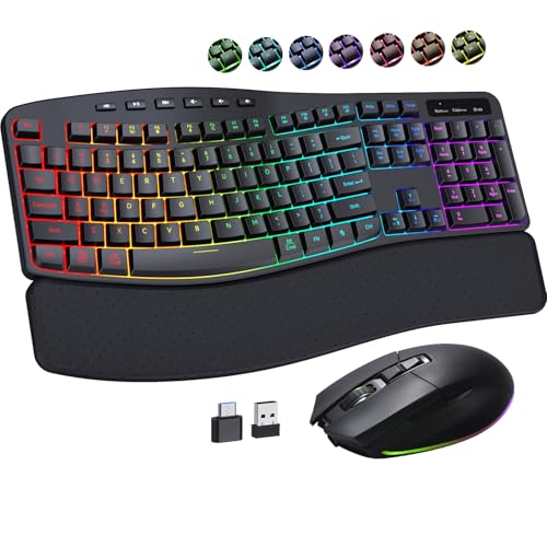 COLIKES Ergonomic Wireless Keyboard and Mouse Silent, Rechargeable Wave Keyboard with 15 Lighting RGB Backlit Effects, Soft Leather Wrist Rest, 3200 DPI Mouse for PC Computer Laptop Windows Mac