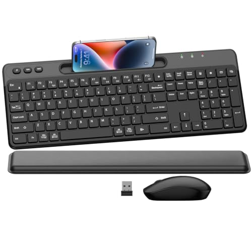 Wireless Keyboard and Mouse Combo, 2.4G Full-Sized Ergonomic Computer Silent Keyboard with Soft Wrist Rest, Phone Tablet Holder, 3 DPI Quiet Mouse for Windows, Mac OS Laptop/PC/Desktop