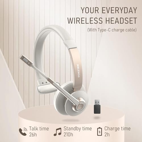 Wireless Headset, Bluetooth Headphones with Microphone Noise Canceling & Mute, 5.0 Trucker Bluetooth Headset with Mic/USB Dongle for Cell Phone Computer Work Office Teams Meeting Call Center - color: Champagne Gold & White
