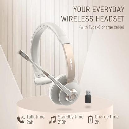 Wireless Headset, Bluetooth Headphones with Microphone Noise Canceling & Mute, 5.0 Trucker Bluetooth Headset with Mic/USB Dongle for Cell Phone Computer Work Office Teams Meeting Call Center - color: Champagne Gold & White