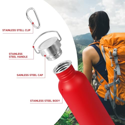 Volhoply 26oz Uninsulated Single Walled Water Bottle, Stainless Steel Reusable Water Bottles with Handle & Carabiner, BPA Free Wide Mouth Water Bottles for Gym Sports Camping（Red,1） - color: Red