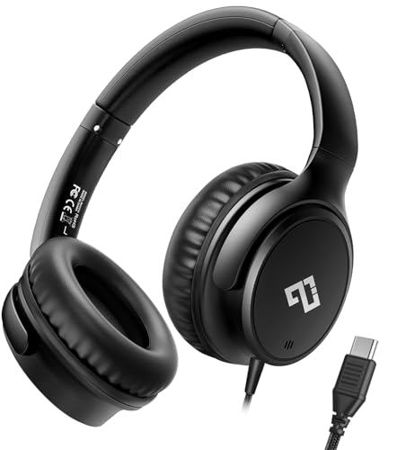 INFURTURE USB C Headphones Kids Wired Headphones for Adults with Microphone | Adjustable Headband, Type C Wired Headphones for iPhone 17, Samsung, USBC Teens Corded Headphone for School/Laptop/Tablet - color: Black