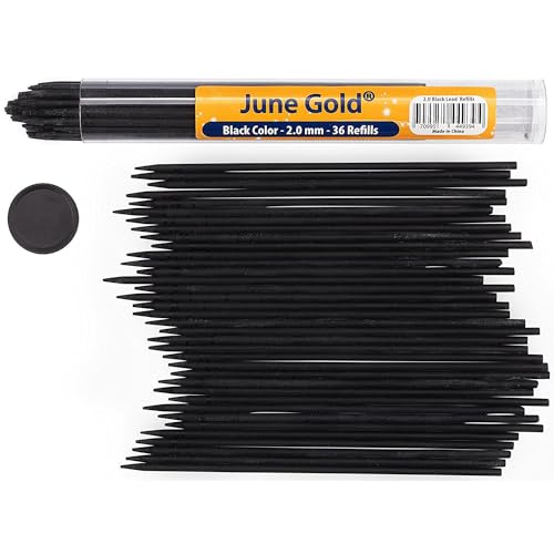 June Gold 36 Black (Raven #108) Colored 2.0 mm Lead Refills, 90 mm Length | Bold Thickness for Heavy Use, Break / Smudge Resistant, Travel Carrying Tube, Pre-Sharpened - color: Black (Raven #108)
