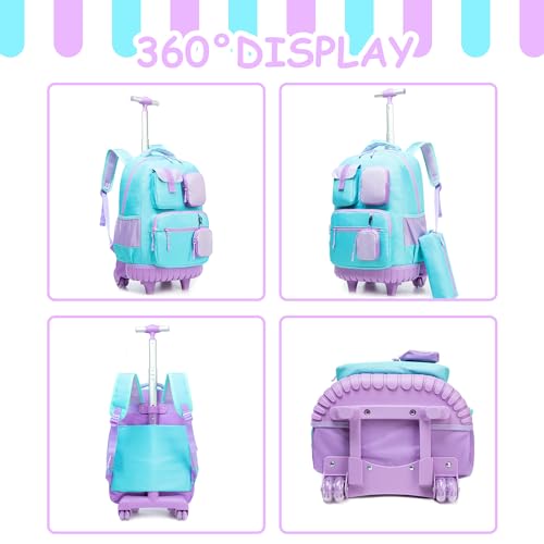 Rolling Backpacks for Kids with Wheels Backpack for School Girls Teen with Lunch Bag Pencil Case Backpack for Girls Bookbags Backpack Toddler Daycare School Bag Elementary - color: Solid Green