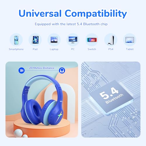 EarFun K4 Kids Bluetooth Headphones, Wireless Headphones with LED Lights | 74/85/94dBA Volume Limited, Built-in Mic, 90H Playtime, Stereo Sound Bluetooth 5.4 Over Ear Headphone for iPad/Tablet/School - color: Blue