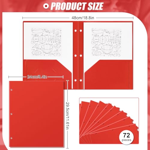 Yeaqee 72 Pcs Plastic Folders with Pockets Bulk 3 Hole Punched 2 Pocket File Folders for 3 Ring Binder Divider Folder for Notebooks, Durable Poly for Office Home (Red) - color: Red