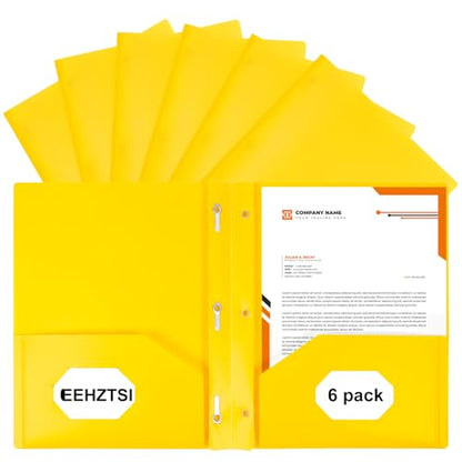 6-Pack Plastic Folders with Pockets and Prongs,2-Pocket Folders with 3 Fasteners, Holds 8-1/2" x 11" Paper for School/Office/Home, Yellow - color: Yellow, size: 6-Pack
