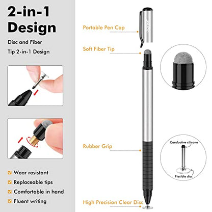 Digiroot Universal Stylus,[2-in-1] Disc Stylus Pens for All Touch Screens Cell Phones, iPad, Tablets, Laptops with 6 Replacement Tips(4 Discs, 2 Fiber Tips Included) - (Silver) - color: Silver