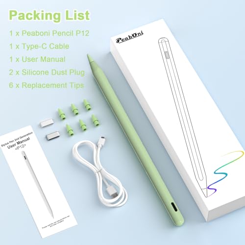 Stylus Pen for iPad, Magnetic Wireless Charging & USB C Fast Charge Pencil Compatible with Apple iPad (A16)11/10/9/8/7/6th Generation, Pro 13"/12.9"/11", Air M3/M2/5/4/3, Mini (A17 Pro)7/6/5 Gen Green - color: Green+6pcs Replacement Nibs
