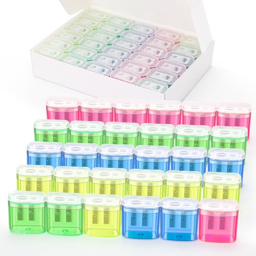 30 Pcs 2 Holes Small Manual Pencil Sharpener with Lid, Colored Handheld Dual Hole Pencil Sharpeners Bulk, Crayon Colored Pencils Sharpener, Pencil Sharpener for Office, School, Classroom - size: 30 Pcs