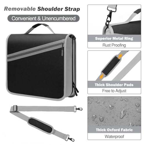 MoKo Zipper Binder with Strap, 3 Inch 3 O Ring, 600 Sheets, Black & Gray | Water-repellent Oxford fabric with 2 folders, removable file pockets, reinforced handle and adjustable shoulder strap. - color: Black & Gray