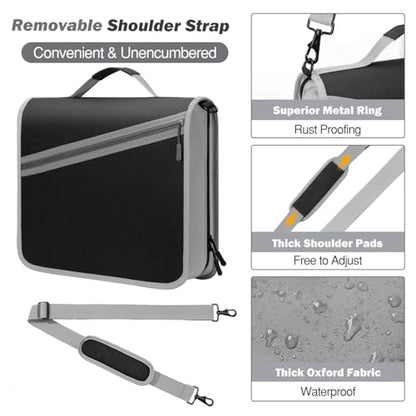 MoKo Zipper Binder with Strap, 3 Inch 3 O Ring, 600 Sheets, Black & Gray | Water-repellent Oxford fabric with 2 folders, removable file pockets, reinforced handle and adjustable shoulder strap. - color: Black & Gray