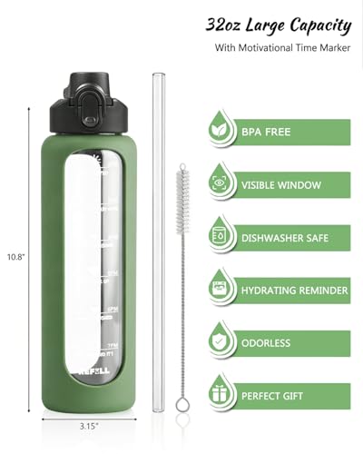 Nefeeko 32 oz Glass Water Bottles with Straw, Time Marker, Motivational 1 Liter BPA FREE Leakproof Reusable Glass Water Bottle with Silicone Sleeve, Bamboo, Spout Lid - color: Green