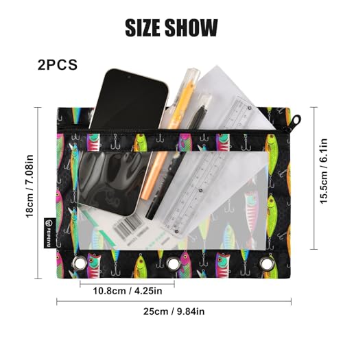 Fishing Lures Pencil Pouches for 3 Ring Binder, Zipper Binder Pencil Case, 2 Pack Clear Window Case Bag for Office Organizers - color: Fishing Lures