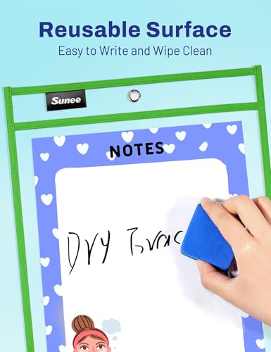 SUNEE 6 Packs Oversized Reusable Dry Erase Pocket Sleeves with Ring, Green 10x14 Ticket Holders, Clear Plastic Sheet Protectors, Teacher School Classroom Supplies - color: Green, style: 6 Pack