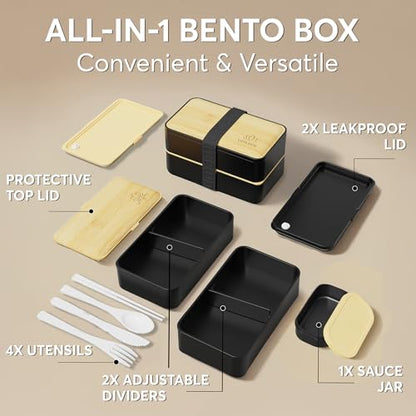 Umami Bento Box Adult All-In-1 w/4 Utensils, Big Sauce Jar, 2 Dividers, 100% Leakproof, Microwave & Dishwasher Safe Stackable Bento Lunch Box Containers for Men/Women, Black & Bamboo, 40 oz - color: Black & Bamboo, size: M - 40 oz