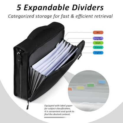 2 Inch 3 Ring Zipper Binder with Multi-Pocket, 6-Tab Expandable File Folder, Fits 14” Laptop, Zipper Bag Fits 500 Sheet Capacity with Handle & Shoulder Strap(Black) - color: Black