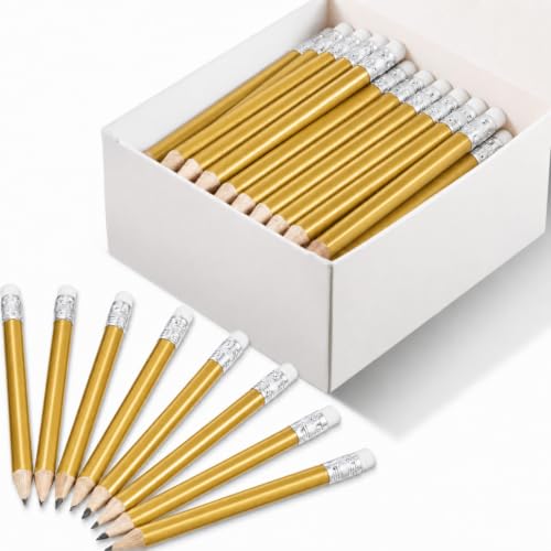Outus 72 Pieces Golf Pencils Half Pencils with Eraser Mini Bulk Short #2 HB Pre Sharpened for Bridal Shower Wedding Office (Gold) - color: Gold