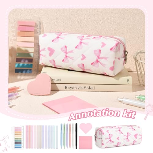 22Pcs Book Annotation Kit Aesthetic Pencil Case with Supplies School Annotation Supplies Gel Pen Transparent Sticky Note Taking Bible Study College Stationery Supplie (Pink Bows Hearts) - color: Pink Bows & Hearts