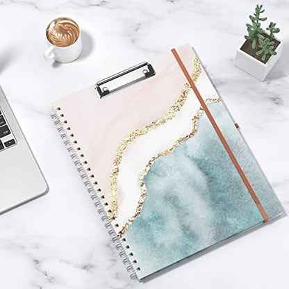 Rimilak Spiral Clipboard Folio with Refillable Lined Notepad, 14.5 x 9.8 In, Hardcover Cover with 5 Interior Pockets, Elastic Band and Pen Loop Series. Cute Stylish Clipfolio, Pink Gold Marble - color: Pink Gold Marble