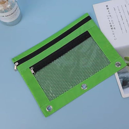 Pencil Pouch for 3 Ring Binder - 3 Hole Zipper Pen Case Bag Holder Bulk Accessories Clear Window Aesthetic Organizer Pockets - color: Green