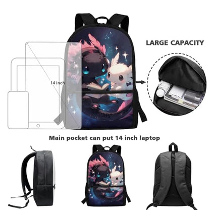 CLOHOMIN Black White Axolotl School Backpack with Lunch Box Kids Girls 7-8 Primary School Bookbag and Lunchbox & Water Bottle Sleeve 3 in 1 Back to School Schoolbag Set for Boys - color: Black White Axolotl