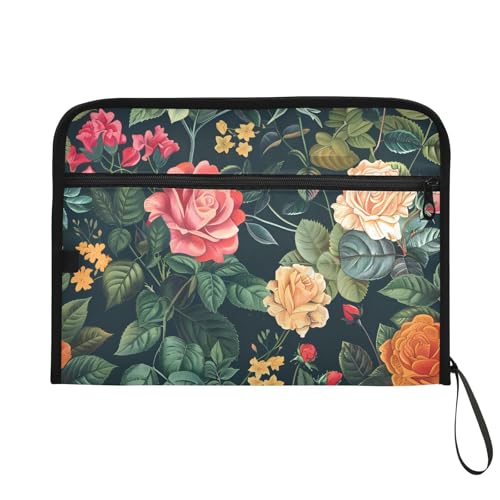 Expanding File Folder Botanical Floral Green Accordion File Organizer 13 Pockets Document Organizer with Zipper Labels A4 Letter Office Storage
