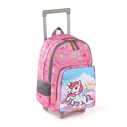 Tilami Rolling Backpack 18 inch Double Handle Wheeled Laptop Boys Girls Travel School Children Luggage Toddler Trip (Pink Horse) - color: Horse Pink