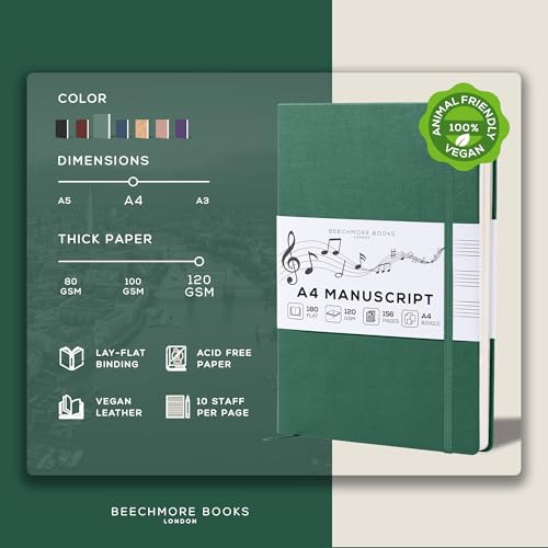 Beechmore Books Blank Sheet Music Notebook – A4 8.5"x11.5" for Songwriters, Musicians & Composers, 156 Thick 120gsm Pages, 10-Staff Perforated Sheets, Vegan Leather Hardcover, Elastic Closure, Gift Box - color: Dartmouth Green