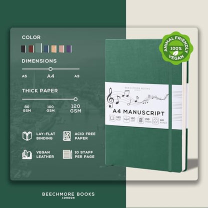 Beechmore Books Blank Sheet Music Notebook – A4 8.5"x11.5" for Songwriters, Musicians & Composers, 156 Thick 120gsm Pages, 10-Staff Perforated Sheets, Vegan Leather Hardcover, Elastic Closure, Gift Box - color: Dartmouth Green