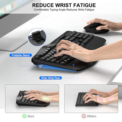 Wireless Keyboard and Mouse Combo, 2.4G Full Size Wave Keys Ergonomic Keyboard with Wrist Rest and 3-Level DPI Adjustable Wireless Ergonomic Mouse for Windows, Mac OS Desktop/Laptop/PC(Black) - color: Black