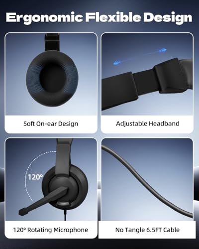 L02 Wired Headset, 3.5mm Stereo Headphones with Noise Canceling Microphone & Volume Controls, On-Ear Computer Headset for School/Office/Online/Gaming (Black) - color: Black