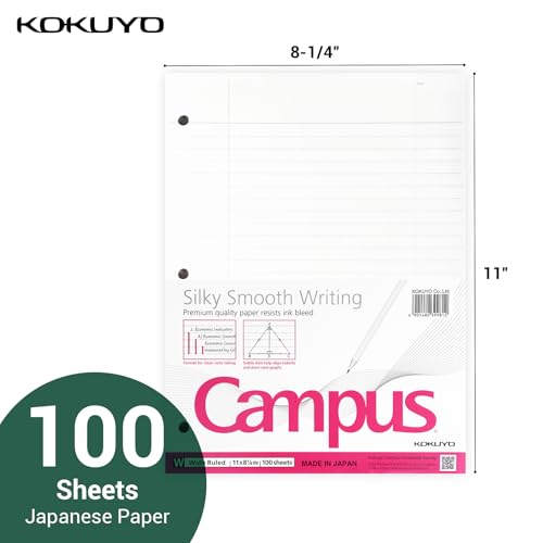 Kokuyo 3 Hole Loose Leaf Paper, 8-1/4"x11” Wide Ruled, 100 Sheets, 1 Pack | 3 Hole Punched Filler Papers, Bleed Resistance Notebook Paper, Japanese 70 GSM Smooth Paper for 3 Ring Binder 100 Sheets/Pack