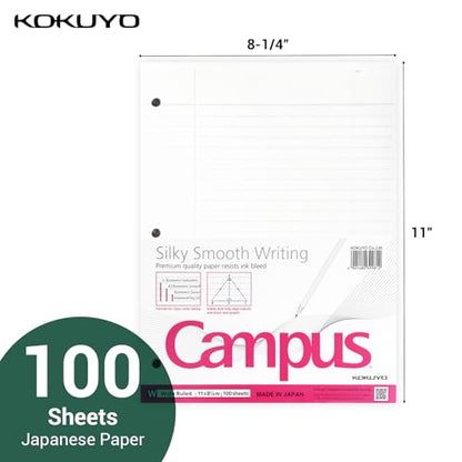 Kokuyo 3 Hole Loose Leaf Paper, 8-1/4"x11” Wide Ruled, 100 Sheets, 1 Pack | 3 Hole Punched Filler Papers, Bleed Resistance Notebook Paper, Japanese 70 GSM Smooth Paper for 3 Ring Binder 100 Sheets/Pack