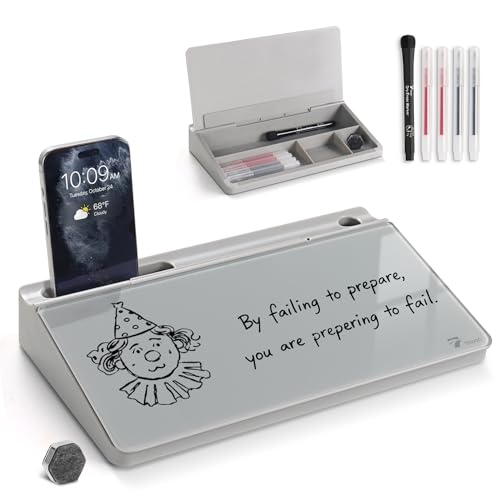 TOWON Compact Glass Desktop Whiteboard with Storage 12x7 in, Gray | Dry erase writing surface, 5 markers, eraser and holder included, for the office, home or school desk - color: Light Gray