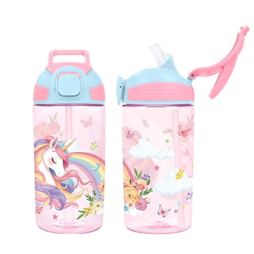Kids Water Bottle with Straw BPA Free Kids Plastic Bottle for School Travel - color: Flower Unicorn, size: 18.6 Ounces