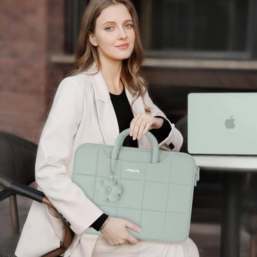 MOSISO Laptop Case 13.3 inch,13-13.3 inch Puffy Laptop Sleeve Compatible with MacBook Neo 13/Air 13 13.6/Pro/Pro 14,HP Dell ASUS Lenovo,Rectangle Quilted Bag with Handle&Flower Pendant, Antique Green - color: Antique Green, size: 13.3 inch