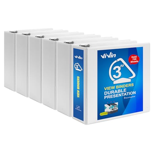 ViVin Durable 3 inch D Ring View Binder, Large 3" Slant-D Ring with 725-Sheet Capacity, Fit 8.5" x 11" Paper, 6 Pack(White) - color: White, size: 3 Inch, style: 6 Pack
