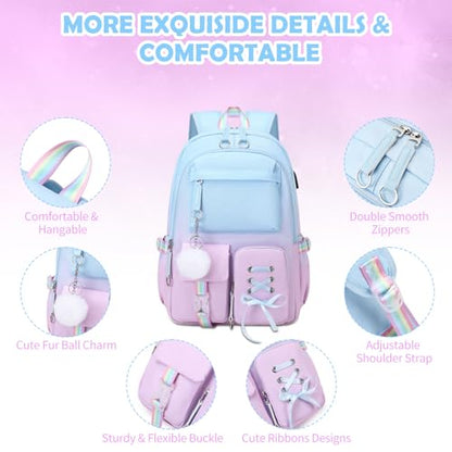 ACESAK Kids School Backpack for Girls, 4-In-1 Bookbag Backpack Set with 14OZ Insulated Kids Water Bottle(Blue Purple) - color: Blue-to-pink/Purple Gradient