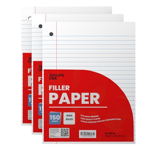 Wide Ruled Loose Leaf Paper Wide Ruled Notebook Paper Lined Writing Filler Paper 10.5” x 8” 56 gsm 450 Sheets 150 Sheet Per Pack (3 Pack) - size: 3 Pack