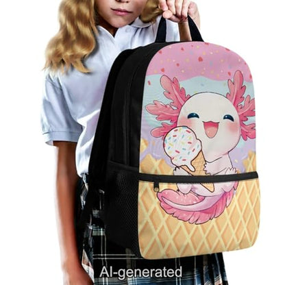 Cartoon Axolotl 5 Piece Kids Backpack Set with Lunch Bag Pencil Case and Bottle Holder School Backpack for Elementary Middle School Students - color: Cartoon Axolotl